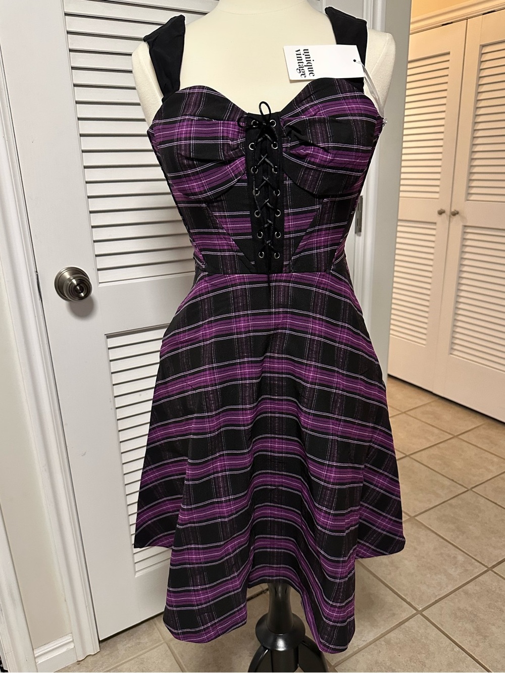 Unique Vintage Purple Plaid Corset Fit and Flare Dress NWT